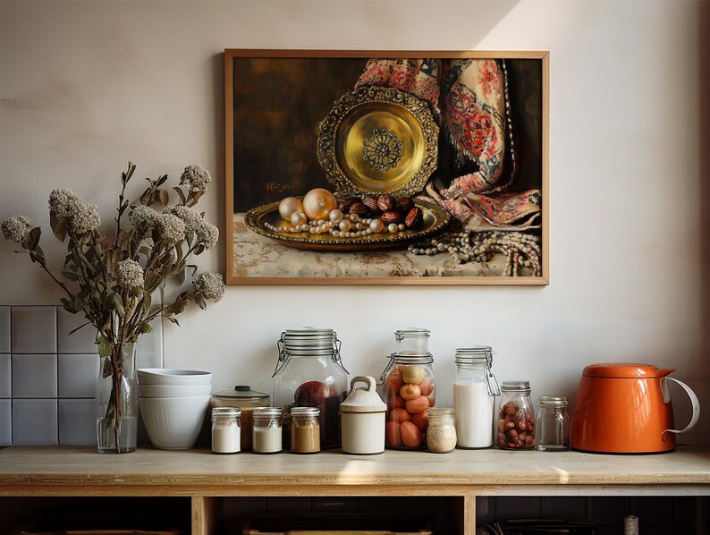 Elegant pearl artwork for living space — vintage still life featuring a brass tray and textured elements, perfect for luxurious home styling.