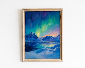 May include: A framed landscape painting depicts a serene winter scene. The artwork showcases snow-covered mountains, a reflective lake, and a vibrant aurora borealis in shades of blue, green, and purple. The painting is encased in a light brown wooden frame.