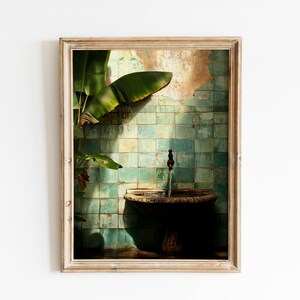 Vintage Tropical Fountain - Moody Rustic Courtyard Wall Art, Printable Azulejo Tiles with Patina Decor, Sunlit Tropical Print Download 31