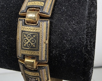 Vintage Toledo Damascene Bracelet • 1940s Spain • Gold & Silver Inlay • Ornate Panel Links • Patentado Spain • Mid-Century Damasquinado