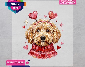 Transferencia DTF de San Valentín con diseño de perro Goldendoodle, termoadhesiva para el Día de San Valentín, lista para imprimir, impresión rosa de San Valentín