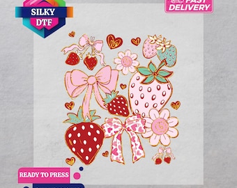 Boho Strawberry Ribbon DTF Transfer, Coquette Strawberry Bow Ready for Press, Iron-On Decal