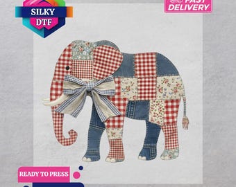 Faux Patchwork Elephant DTF Transfer, Patriotic Animal Iron-On, Ready to Press,USA Animal Print