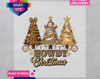 Howdy Christmas DTF Transfer, Xmas Tree Iron-On Decal, Ready for Press, Western Print