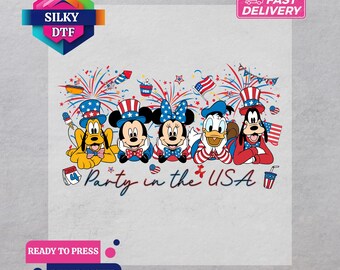 Transferencia termoadhesiva de Mickey y sus amigos patrióticos, 4 de julio de EE. UU., lista para planchar.