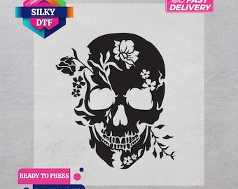 Floral Skull DTF Transfer, Skeleton Iron-On, Spooky Ready to Press, Gothic Print