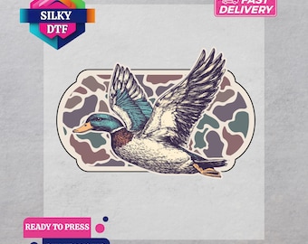 Camo Mallard Duck DTF Transfer, Camouflage Hunting Iron-On Decal, Ready for Press, Outdoor Print