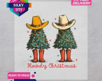 Howdy Christmas DTF Transfer, Xmas Tree Iron-On Decal, Ready for Press, Western Print