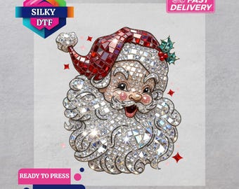 Transferencia termoadhesiva navideña con cristales de imitación de Papá Noel retro, lista para planchar.