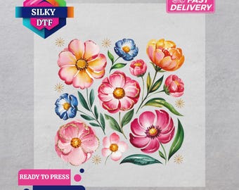 Colorful Flowers DTF Transfer, Cottagecore Iron-On Decal, Ready for Press, Boho Floral Print