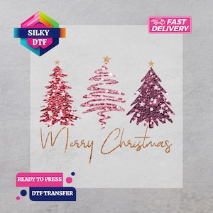 God Jul DTF Transfer, Rosa Julgran Stryk-på Dekal, Klar för Tryck
