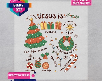 Christmas Jesus DTF Transfer, Christian Religious Iron-On, Xmas Tree Ready to Press, Holiday Print