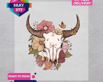 Transferencia DTF de calavera de vaca floral, calcomanía termoadhesiva de vaquera del oeste, lista para imprimir, impresión campestre