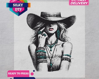 Western Cowgirl DTF Transfer, Turquoise Cowgirl Iron-On Decal, Ready for Press, Women Country Print