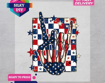 Transferencia termoadhesiva de mano de esqueleto del 4 de julio, Día de la Independencia, lista para planchar.
