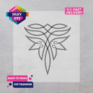 May include: A black DTF transfer featuring a symmetrical, abstract line art design composed of interconnected, dashed-line loops and pointed shapes. The graphic includes the text SILKY DTF, FAST DELIVERY, READY TO PRESS, and DTF TRANSFER.