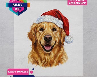 Christmas Golden Retriever DTF Transfer, Santa Dog Christmas Iron-On, Xmas Ready to Press