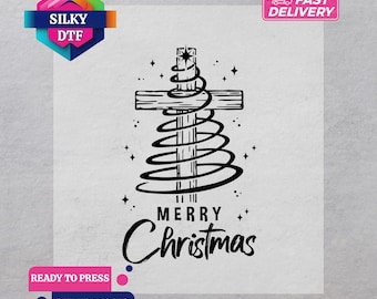 Merry Christmas  DTF Transfer, Christian Iron-On, Xmas Tree Ready to Press, Jesus Cross Print