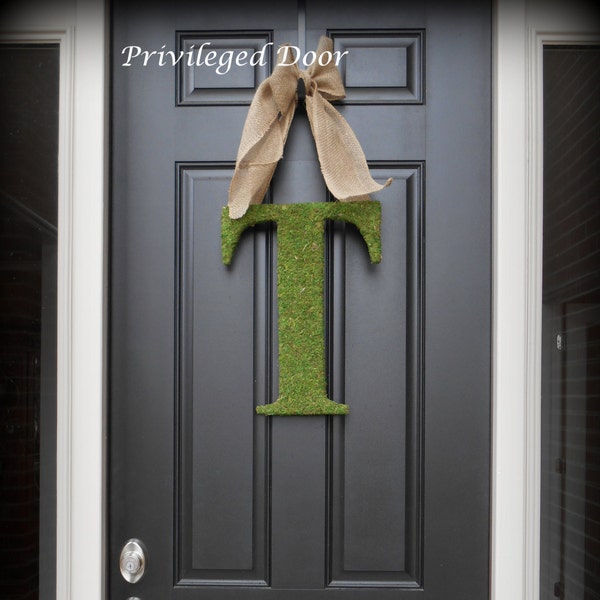 Spring Wreath.  Spring Monogram Wreath. Moss Letter with Rustic Burlap Bow.  Hello Spring.  A-Z.  Multiple Sizes and Bow Options.