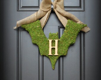 Halloween Wreath.  Moss Bat Wreath with Monogram Letter.