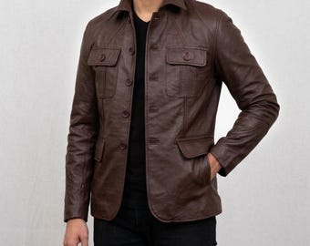 Men's Brown Genuine Leather Safari Field Jacket – Slim Fit Real Leather Coat