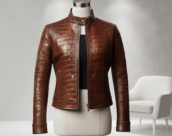 Women's Crocodile Embossed Sheepskin Leather Jacket | Exotic Biker Moto Coat