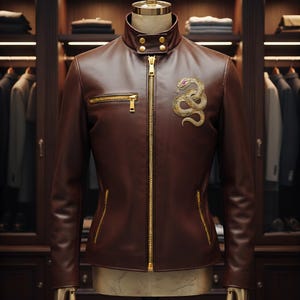 Pode incluir: Casaco de couro castanho com zíper dourado e um emblema de cobra. O casaco tem gola alta com botões dourados e um pequeno bolso com zíper. O emblema da cobra é dourado com um olho roxo.