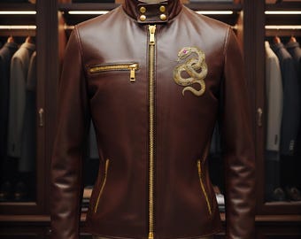 Chaqueta de motociclista de cuero hecha a mano / Marrón, bordado de serpiente dorada
