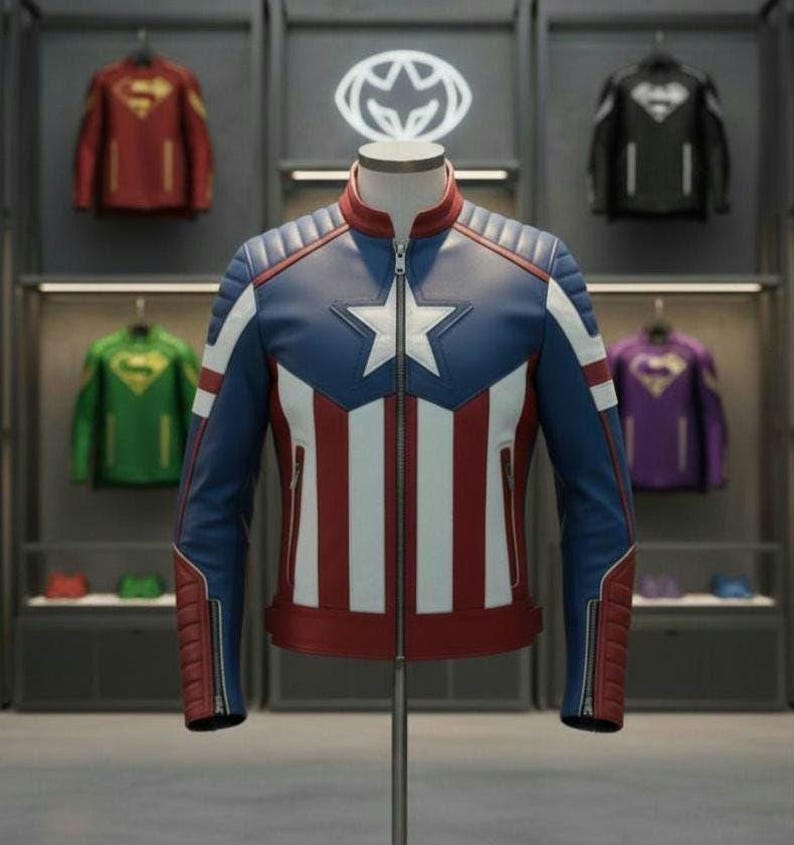 Puede incluir: Chaqueta de cuero azul, blanca y roja con un emblema de estrella, exhibida en un maniqu&iacute;. La chaqueta presenta cierre de cremallera y un dise&ntilde;o que recuerda a un uniforme de superh&eacute;roe. Otras chaquetas tem&aacute;ticas de superh&eacute;roes son visibles en el fondo.