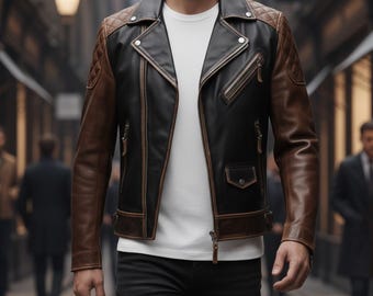 Handmade Two-Tone Leather Biker Jacket | Distressed Cowhide Moto Jacket