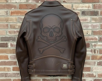 Handcrafted Leather Biker Jacket | Distressed Brown, Embossed Skull