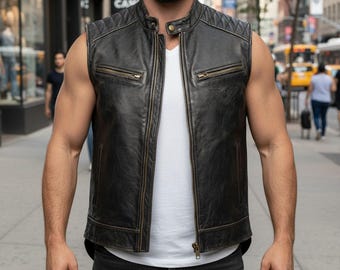 Men's Genuine Cowhide Leather Motorcycle Vest - Biker Style, Durable, Classic Design