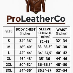 Puede incluir: Chaqueta de cuero marr&oacute;n con un logotipo de escudo y el texto "ProLeatherCo". La tabla de tallas incluye medidas de pecho, largo de manga y cintura en cm, de la S a la 4XL.