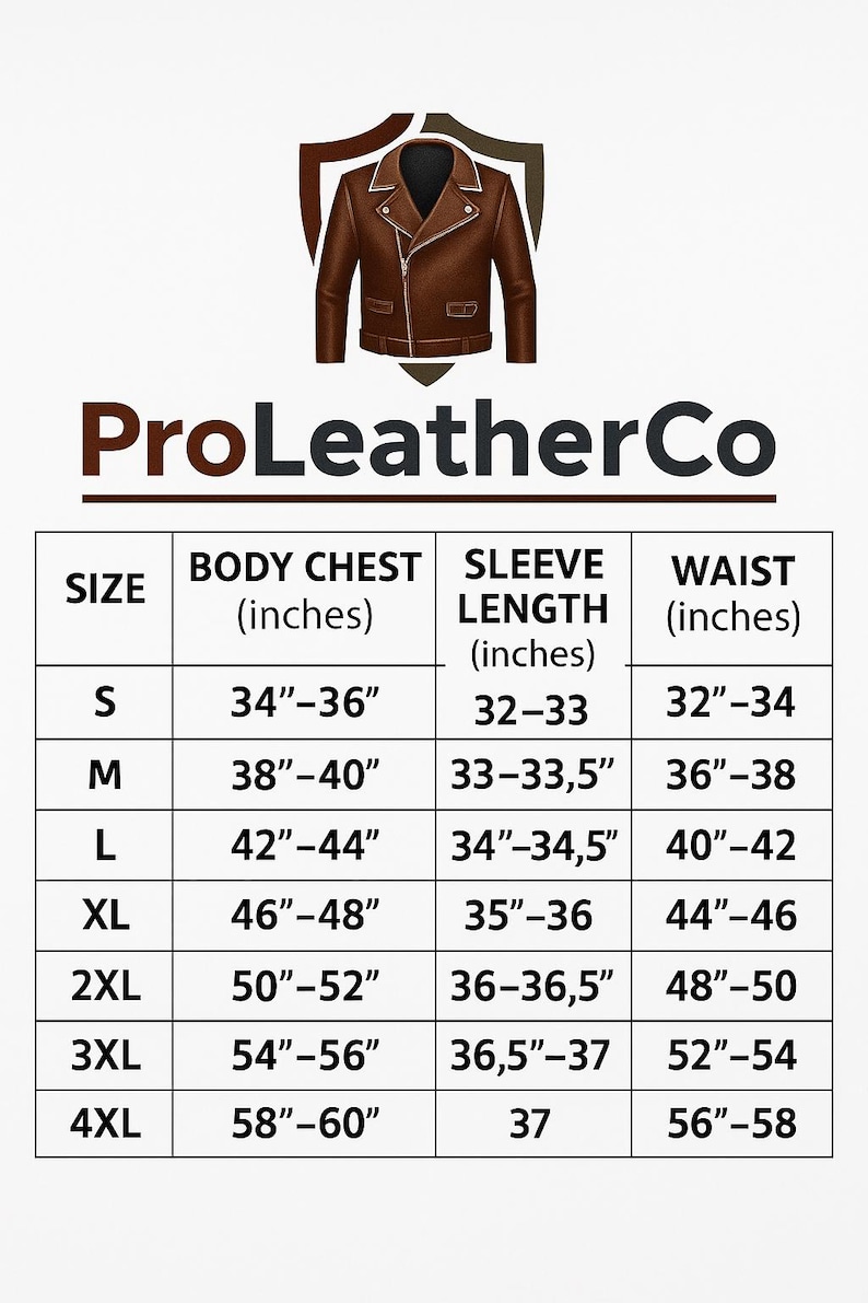 Puede incluir: Chaqueta de cuero marr&oacute;n con un logotipo de escudo y el texto "ProLeatherCo". La tabla de tallas incluye medidas de pecho, largo de manga y cintura en cm, de la S a la 4XL.