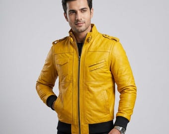 Men's Mustard Yellow Genuine Leather Bomber Jacket | Sheepskin Biker Slim Fit Coat