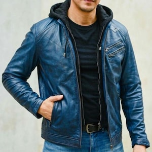 メンズ ブルー 本革バイカージャケット（取り外し可能なフード付き）