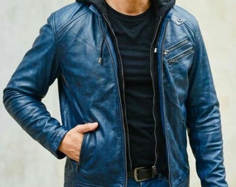 Men's Blue Genuine Leather Biker Jacket with Removable Hood