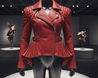 Red Leather Peplum Moto Jacket | Quilted Biker Style