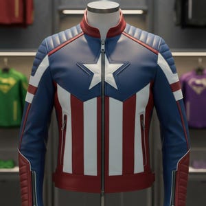 Puede incluir: Chaqueta de cuero azul, blanca y roja con un emblema de estrella en el pecho. La chaqueta tiene cuello alto, cierre de cremallera y rayas blancas en la parte delantera. Los hombros tienen detalles acolchados y los pu&ntilde;os son rojos.