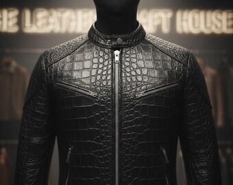 Crocodile Embossed Cowhide Leather Biker Jacket, Moto Style