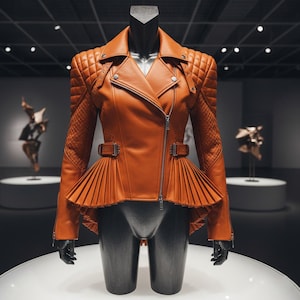 May include: A tan leather jacket with quilted shoulder panels and a pleated peplum. The jacket features a zip closure and buckle details. The jacket is displayed on a mannequin.
