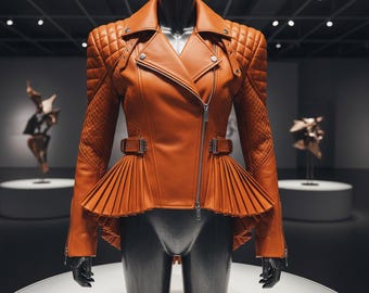 Orange Leather Peplum Moto Jacket | Quilted Biker Style