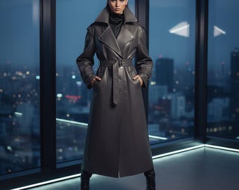 Luxury Leather Trench Coat Women, Genuine Lambskin Long Duster, Modern Paneled Tailored Winter Outerwear