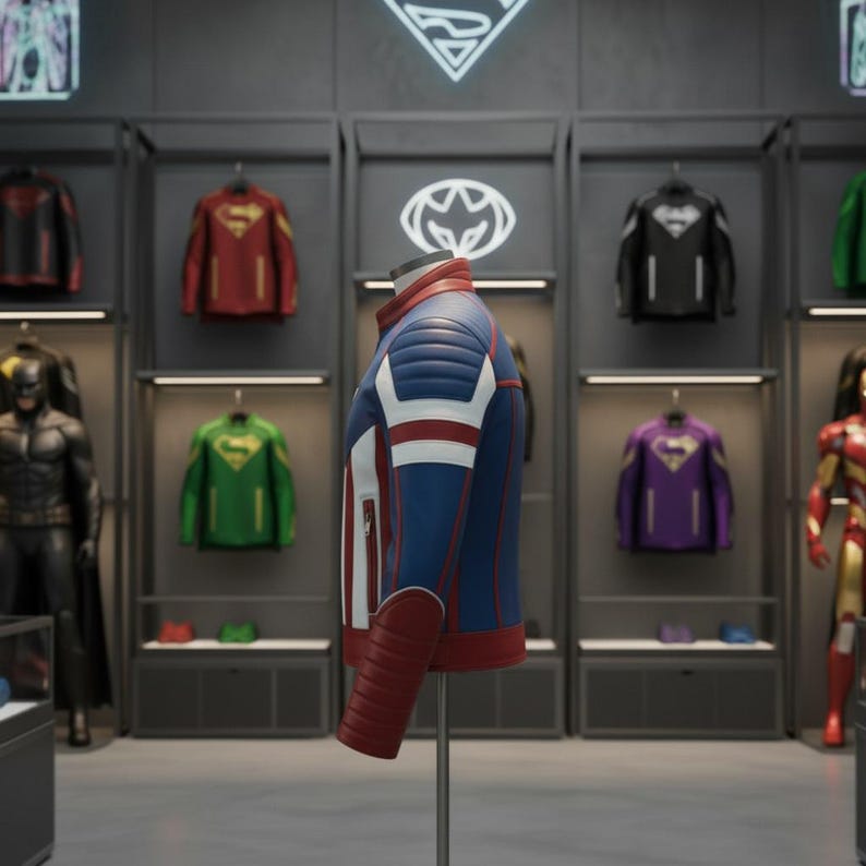 Puede incluir: Chaqueta de cuero azul, blanca y roja con dise&ntilde;o de hombros acolchados, exhibida en un maniqu&iacute;. La chaqueta tiene cremallera y detalles rojos en las mangas. Otras chaquetas tem&aacute;ticas de superh&eacute;roes son visibles al fondo.