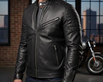 Handmade Cowhide Biker Jacket, Men's Black Leather Motorcycle Coat
