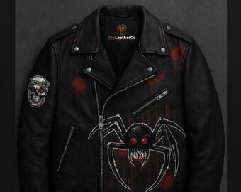 Ultimate Biker Lambskin Leather Jacket | Hand-Painted Spider & Skull Patchwork | Distressed Motorcycle Jacket