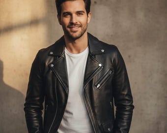 Chaqueta de cuero negra / Abrigo minimalista de cuero genuino / Estilo clásico de motociclista para hombre