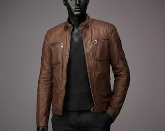 Handmade Brown Sheepskin Leather Biker Jacket – Quilted Slim Fit