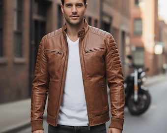 Mens Brown Cowhide Leather Motorcycle Jacket | Quilted Shoulder Biker Style | Ribbed Cuff & Quilted Panels