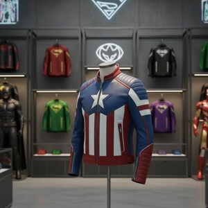 Puede incluir: Una chaqueta de cuero azul, blanca y roja con un emblema de estrella en el pecho, exhibida en un maniqu&iacute;. La chaqueta tiene cierre de cremallera y detalles acolchados en los hombros. Otras chaquetas tem&aacute;ticas de superh&eacute;roes son visibles en el fondo, incluida una chaqueta roja y dorada.